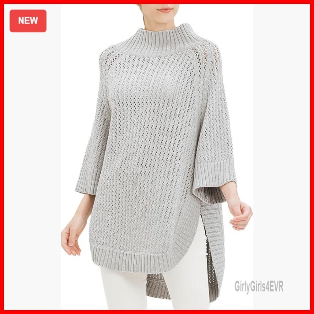 Oversized Mock Neck Tunic Sweater 3/4 Sleeve Pullover Loose Fit Poncho